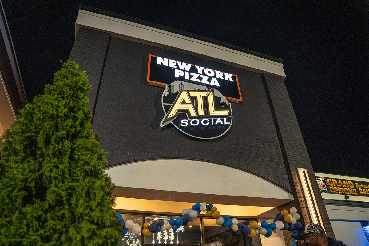 New York Pizza at night, outside the Stonecrest Concourse building